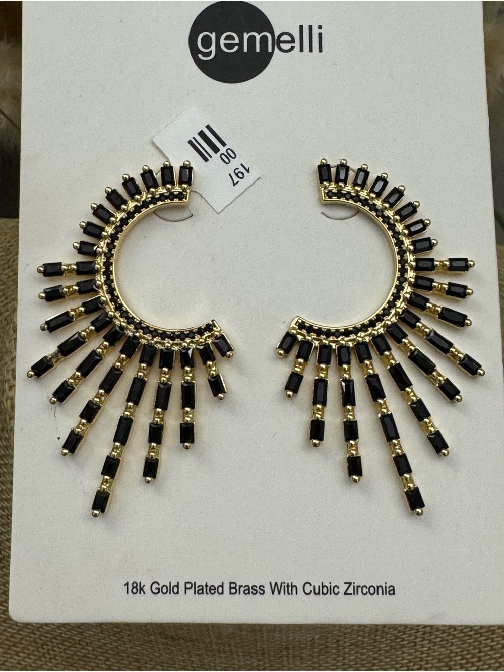 18kgp brass earrings with black CZ fan-style from Gemelli. New in card.